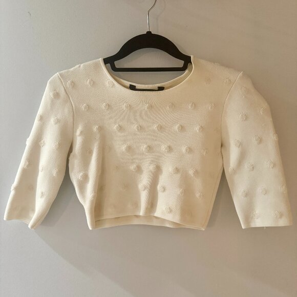 BCBGMAXAZRIA Cream Polka Dot Textured Short Sleeve Crop Knit Sweater - Picture 1 of 1